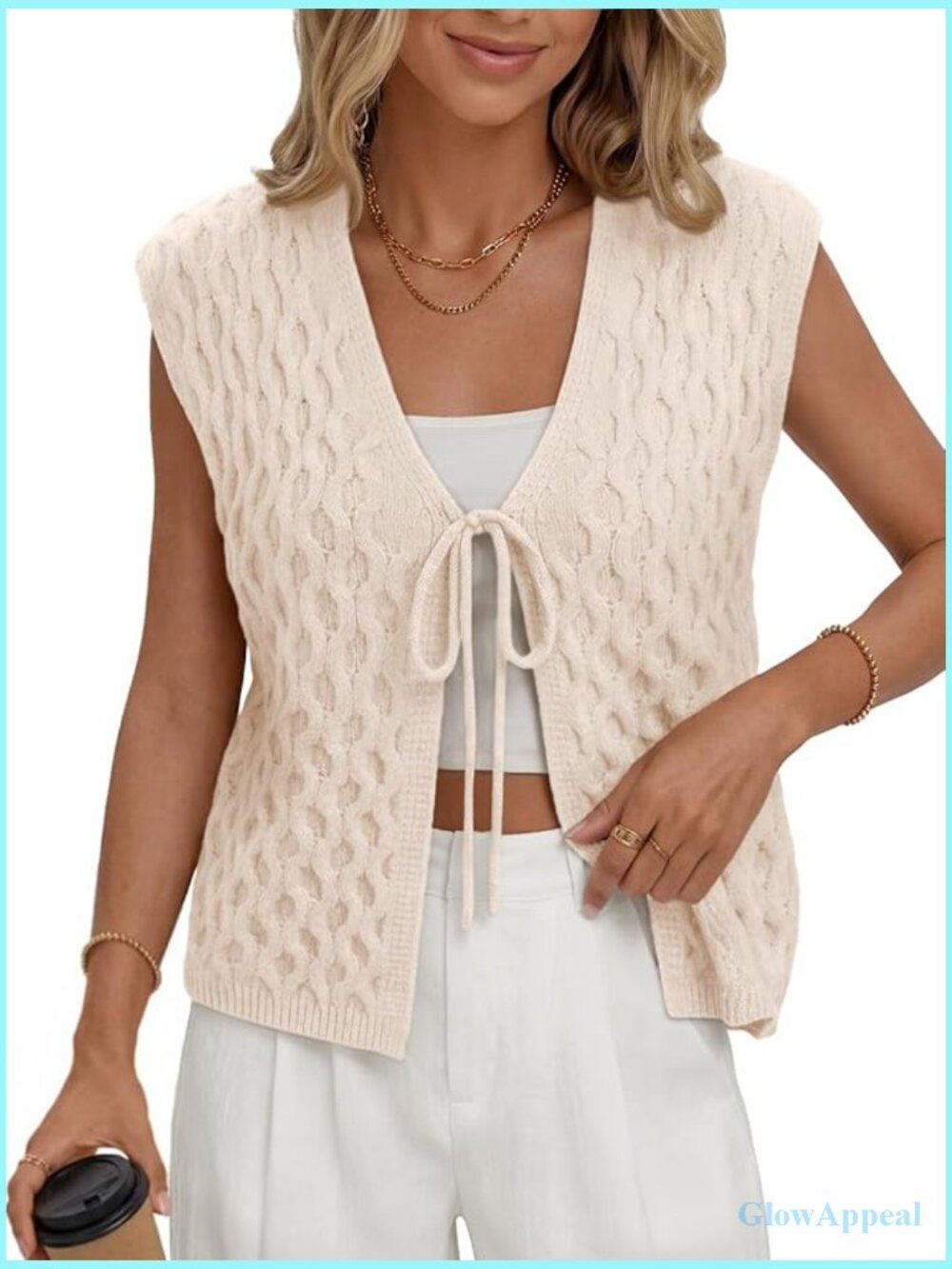 Crochet Crop Sweater Vest Tie Front V-Neck Summer Beach Coverup